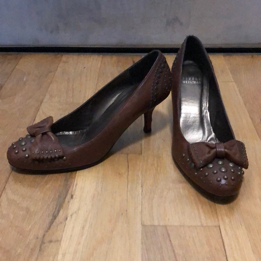 NWOT new Stuart Weitzman brown ballet flat heels with bow and studs 6